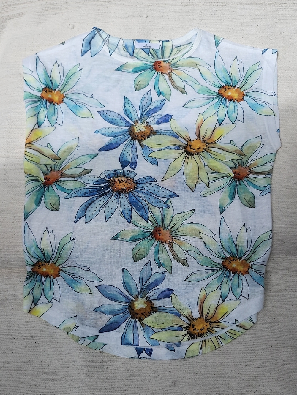 NWOT-Milano White Top with Blue, Green and Yellow Floral Print